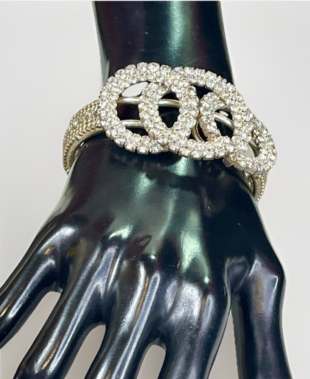 Estate Art Deco Silver Rhinestone Geometric Trinity Bangle Clamper Bracelet